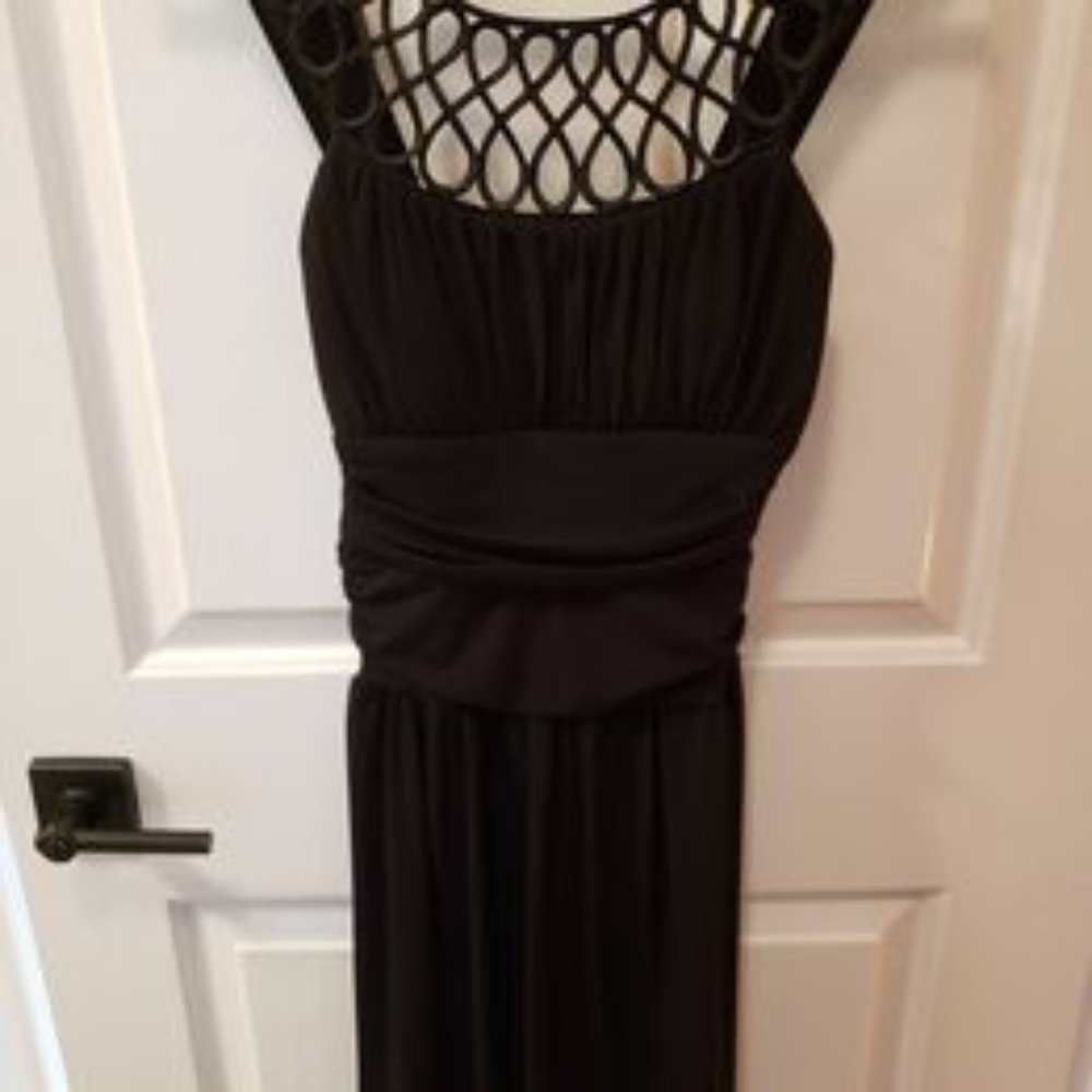 Black Formal Dress w/Silky Swirls, Scooped Neckline
